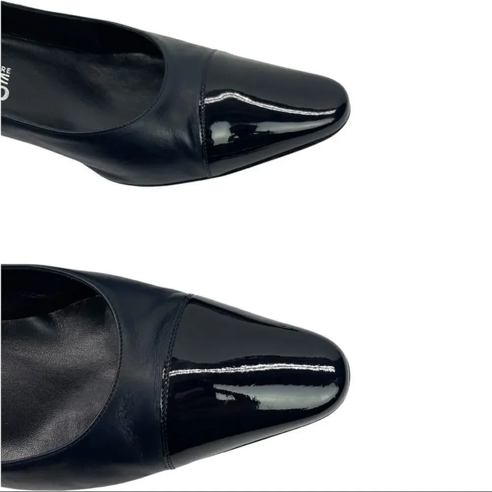 VTG Salvatore Ferragamo Navy  Dual Texture Patent Cap Toe/Leather Heels Pumps 9